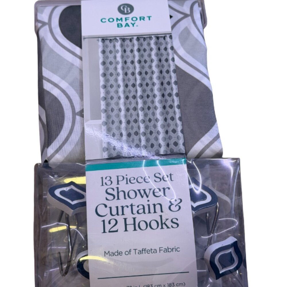 Comfort Bay Shower Curtain Liner Gray Stripe Taffeta 70x72 Inch 13 Pc w/ Hooks - Picture 2 of 4
